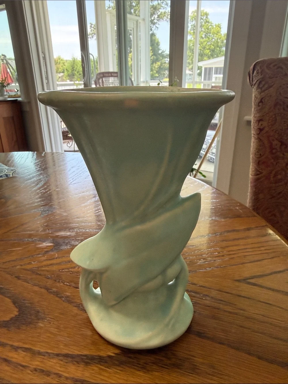 Vintage McCoy Pottery 8” Matte Aqua Art Deco Leaf Vase – Marked McCoy